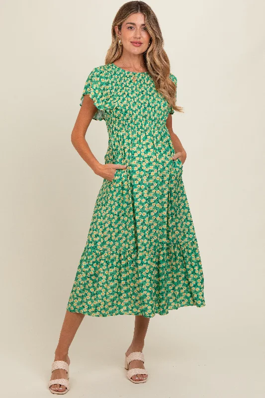 Green Floral Smocked Maternity Midi DressLace Dress