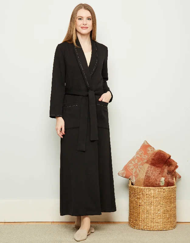 Plush Lined Belted Wrap Robe with Trapunto Stitching Black