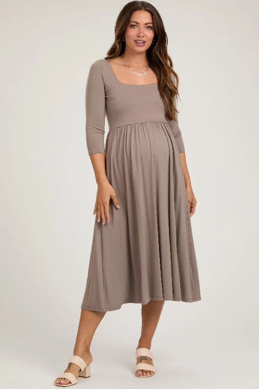 Mocha Square Neck 3/4 Sleeve Maternity Midi DressEvening Dress