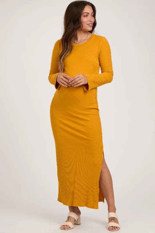 Yellow Ribbed Side Slit Maternity Maxi DressFleece-lined Dress