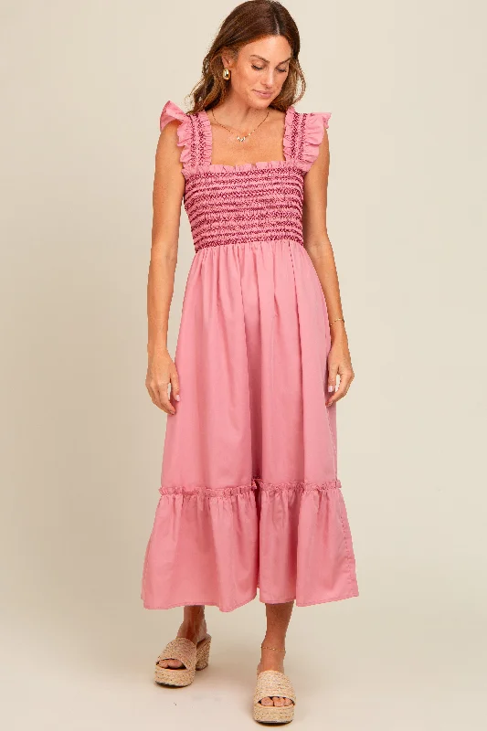 Mauve Contrast Stitch Smocked Ruffle Strap Midi DressShift Dress