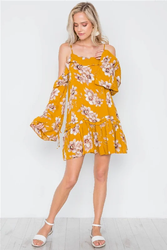 Mustard Cold Shoulder Bell Sleeve Flounce Mini Dress /2-2-1Fit-and-Flare Dress