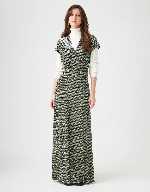 Crushed Velvet Mock Wrap Maxi Jumper Shabbos Robe with Side Button Gray Mini Print