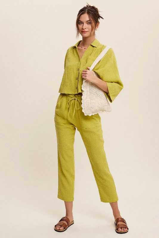 Light Green Long Sleeve Button Down And Long Pants Sets