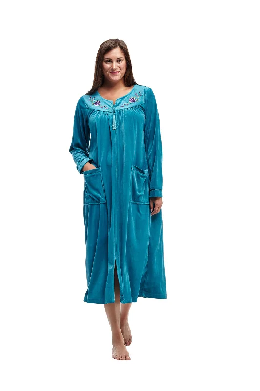 La Cera Zip Front Embroidered Yoke Robe