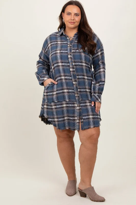 Blue Plaid Button Down Raw Hem Plus DressWaterproof Dress