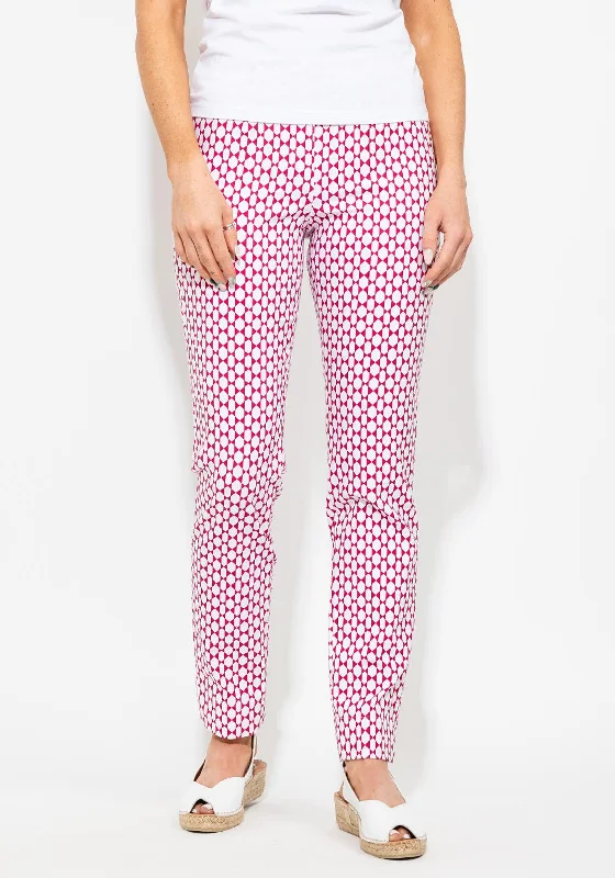 Robell Marie Printed Full Length Stretch Trouser, White & Pink