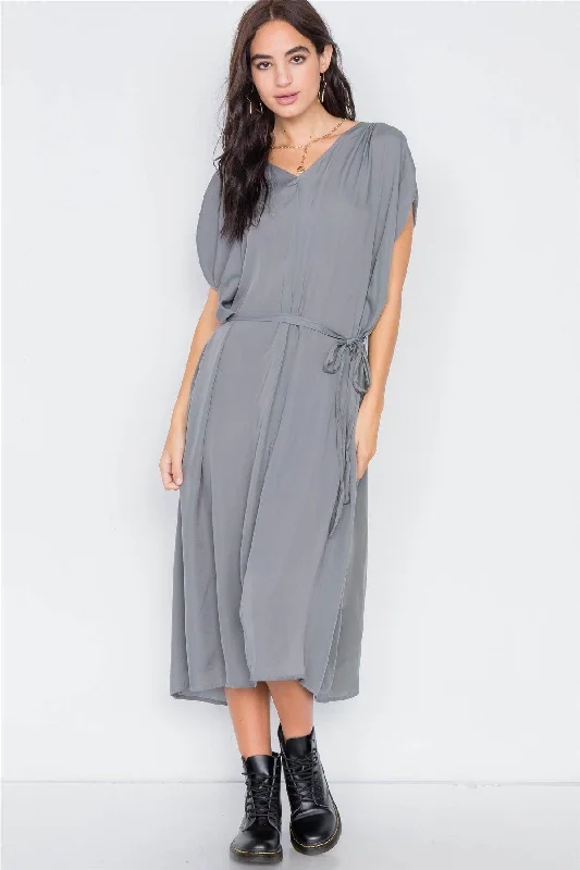 Olive Grey Satin High-Low Midi Dress /4-2Business Dress