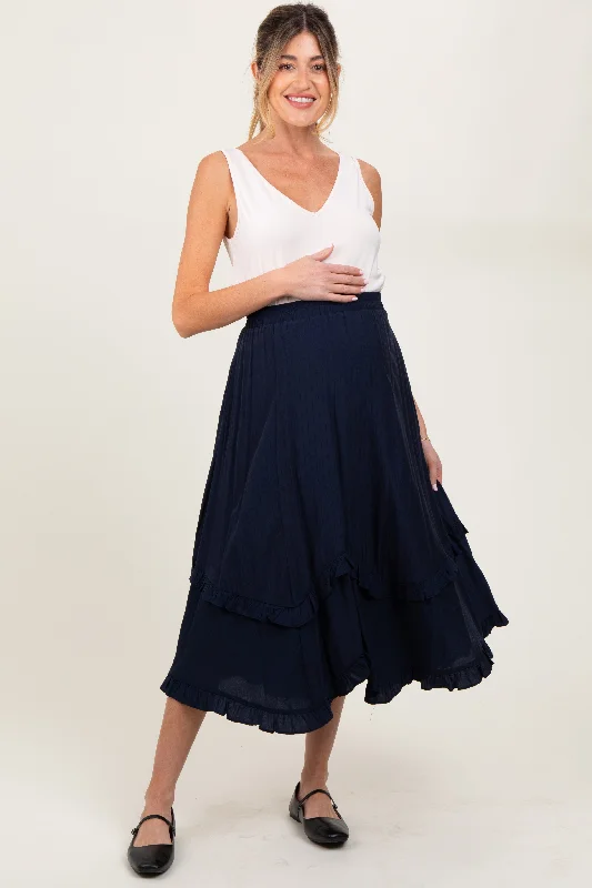 SkortNavy Ruffle Tiered Maternity Midi Skirt