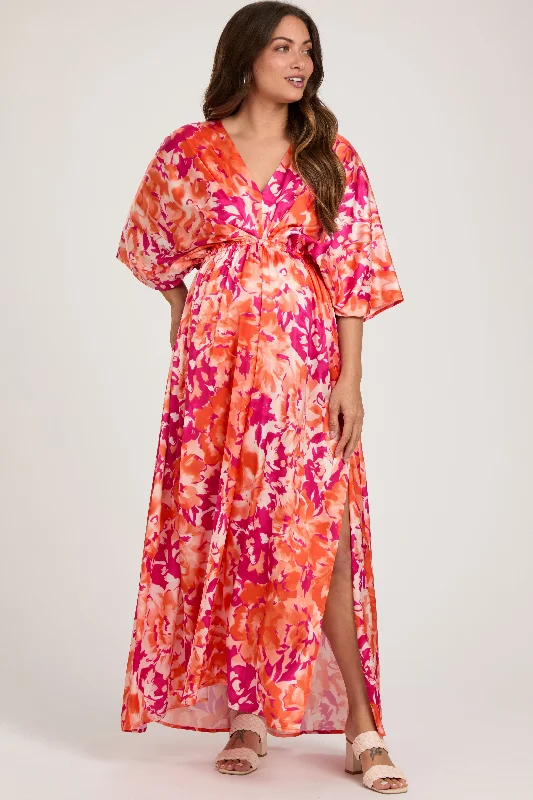 Orange Floral Satin V-Neck Maternity Maxi DressWind Dress