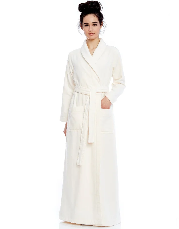 Terry Wrap Long Belted Bathrobe with Piped Trim Ivory