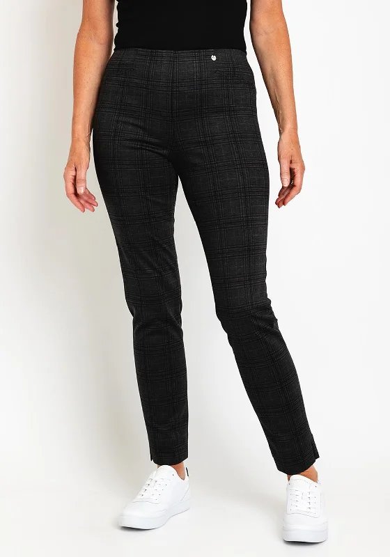 Robell Rose Full Length Checked Print Trousers, Charcoal Grey