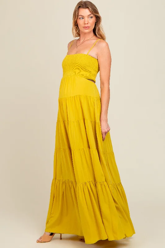 Yellow Smocked Cutout Maternity Maxi DressVelvet Dress