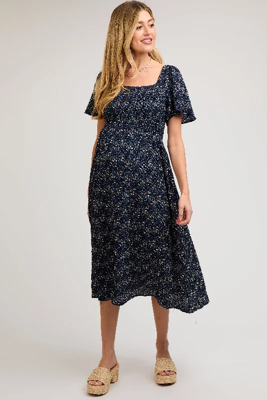 Navy Floral Square Neck Smocked Maternity Midi DressStrapless Dress