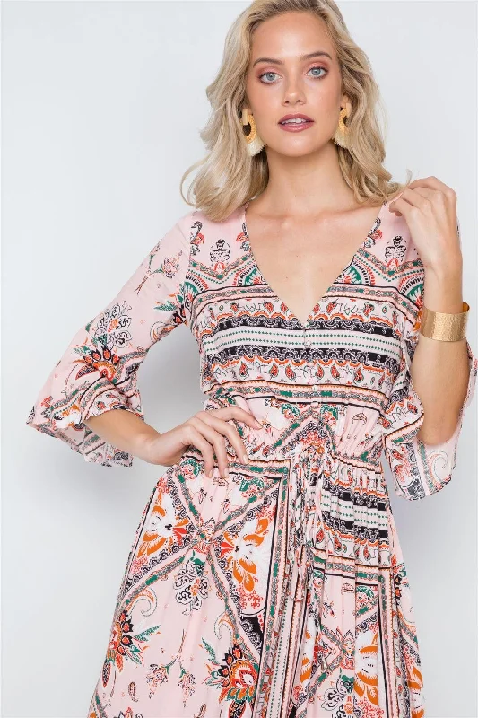 Pink Multi Print Front Slit Bell Sleeve Maxi Boho Dress /1-1-2-1-1Hiking Dress