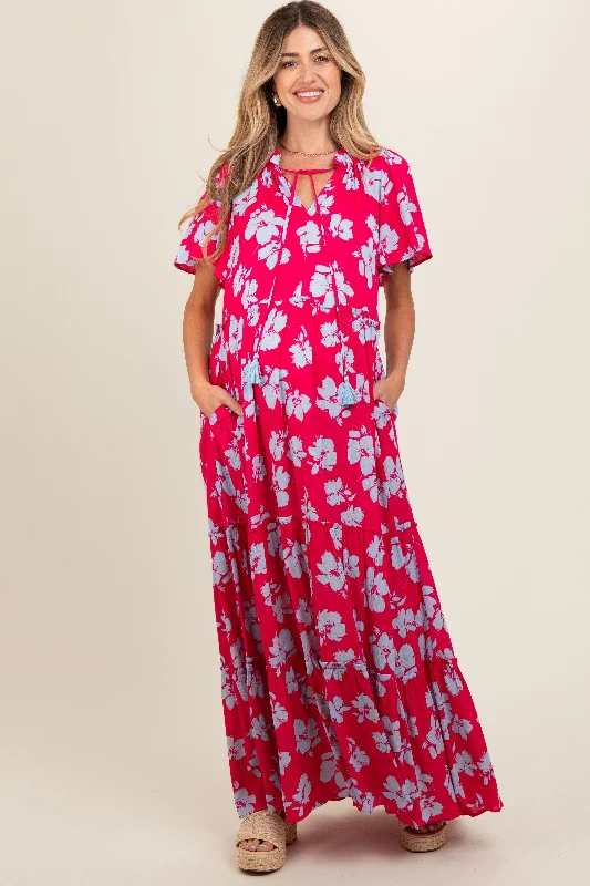 Coral Floral Ruffle Neck Tiered Maternity Maxi DressShirt Dress