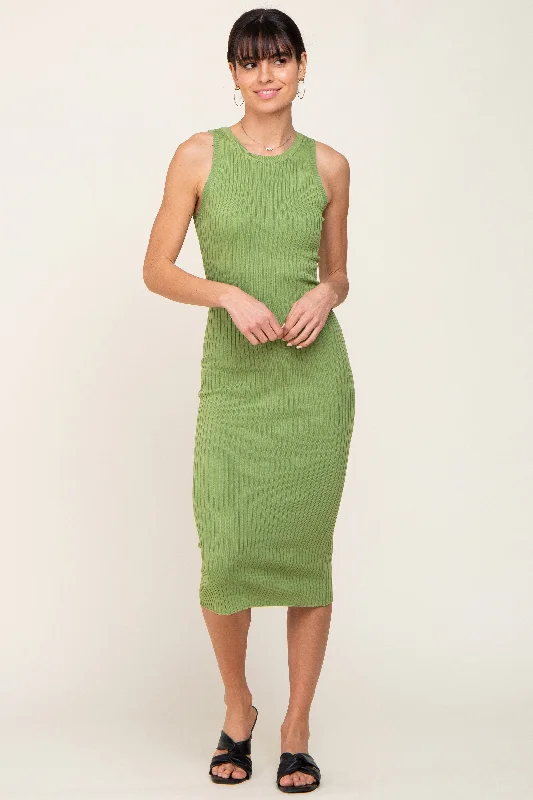 Light Olive Ribbed Racerback Midi DressHiking Dress