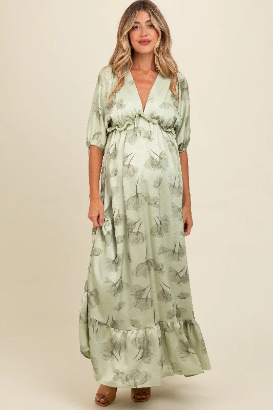 Light Olive Floral Chiffon Ruffle Accent Maternity Maxi DressStriped Dress