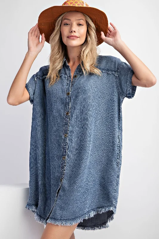 Navy Chambray Frayed Button Down DressSweater Dress