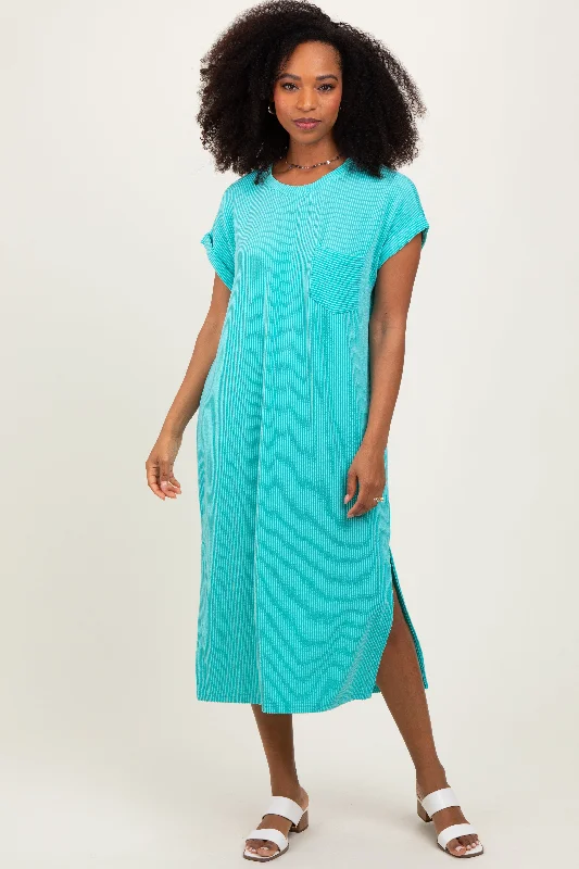 Mint Ribbed Short Sleeve Front Pocket Midi DressSlit Dress