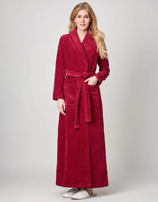 Terry Wrap Long Waffle Textured Belted Bathrobe With Shawl Collar Raspberry