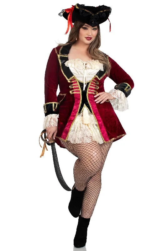 Plus Size Captivating Pirate Captain Velvet Coat Dress, Tie-Front BodiceOne-shoulder Dress