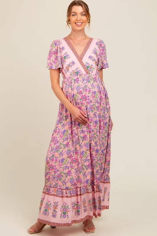 Pink Floral Border Printed Woven Short Sleeve V-Neck Maternity Maxi DressRunning Dress