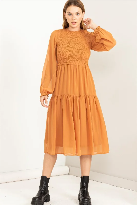 Orange Chiffon Tiered Midi DressSchool Dress