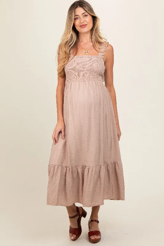 Taupe Smocked Bodice Maternity Maxi DressFormal Dress