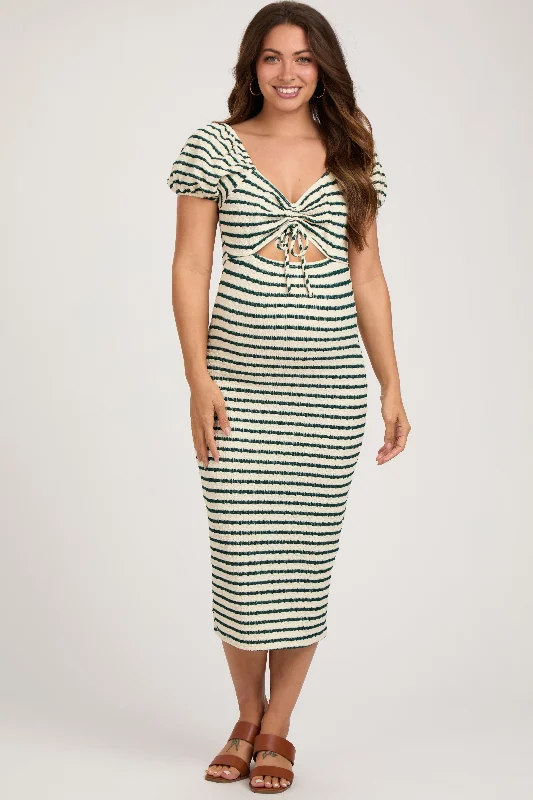 Forest Green Striped Drawstring Ruched Front Maternity Midi DressMaxi Dress