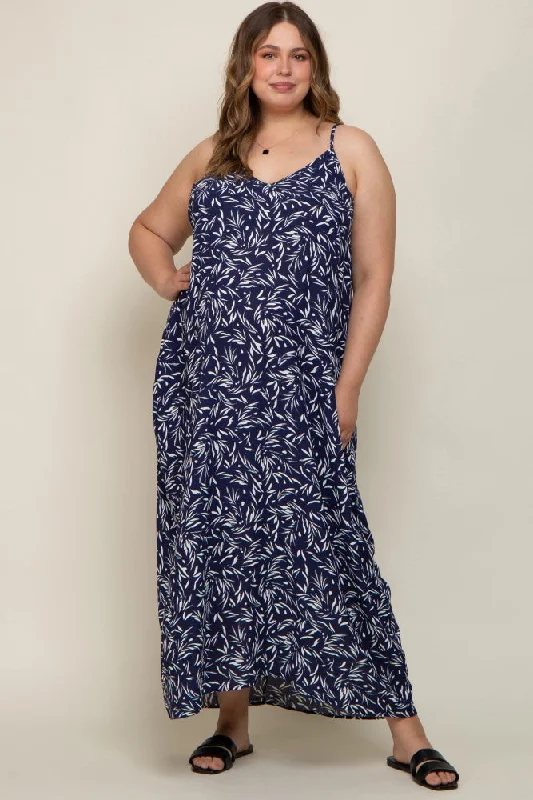 Navy Leaf Print Double V-Neck Maternity Plus Maxi DressWind Dress