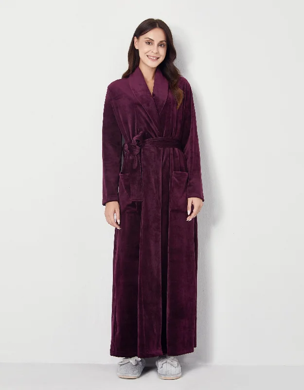 Ultra Soft Plush Velour Belted Shawl Collar Wrap Robe Burgundy