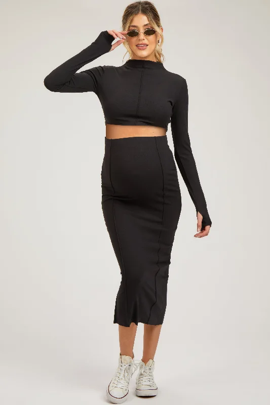 Over SkirtBlack Mock Neck Long Sleeve Crop Maternity Midi Skirt Set