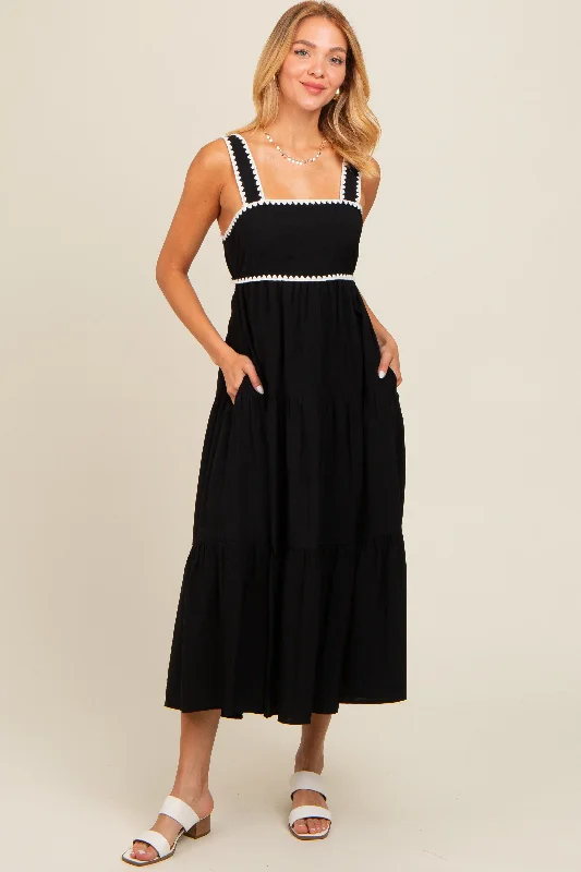 Black Scallop Trim Tiered Midi DressBusiness Dress