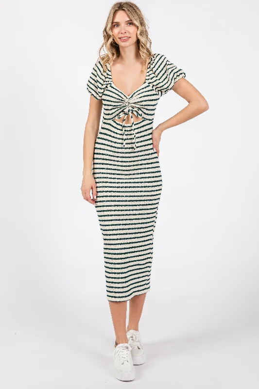 Forest Green Striped Drawstring Ruched Front Midi DressMini Dress