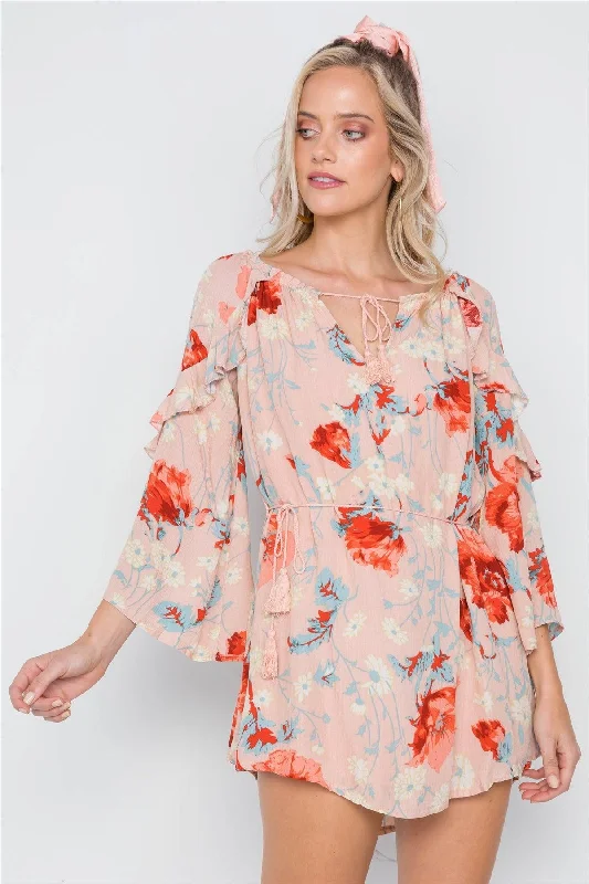 Pink Floral Print Bell Sleeves Ruffle Tunic Dress /1-3-2-1Crinoline Dress