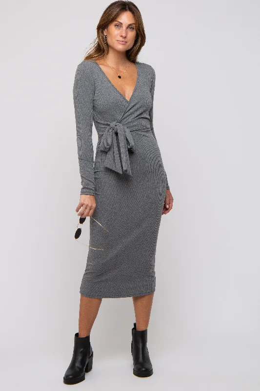 Grey Ribbed Long Sleeve Wrap Dress