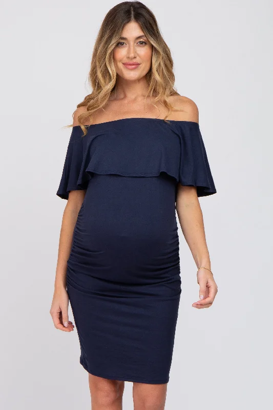 Navy Blue Off Shoulder Fitted Maternity DressReflective Dress