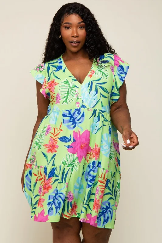 Mint Green Tropical Floral Print Plus DressTactical Dress