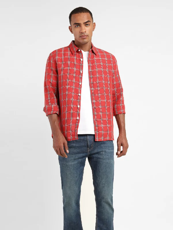 Men's Checkered Spread Collar Linen ShirtDenim Shirts