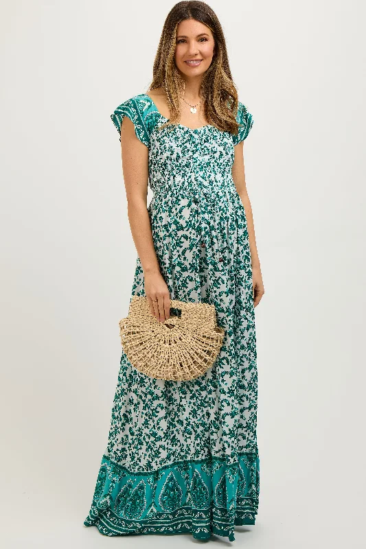 Green Floral Off Shoulder Smocked Maternity Maxi DressProm Dress