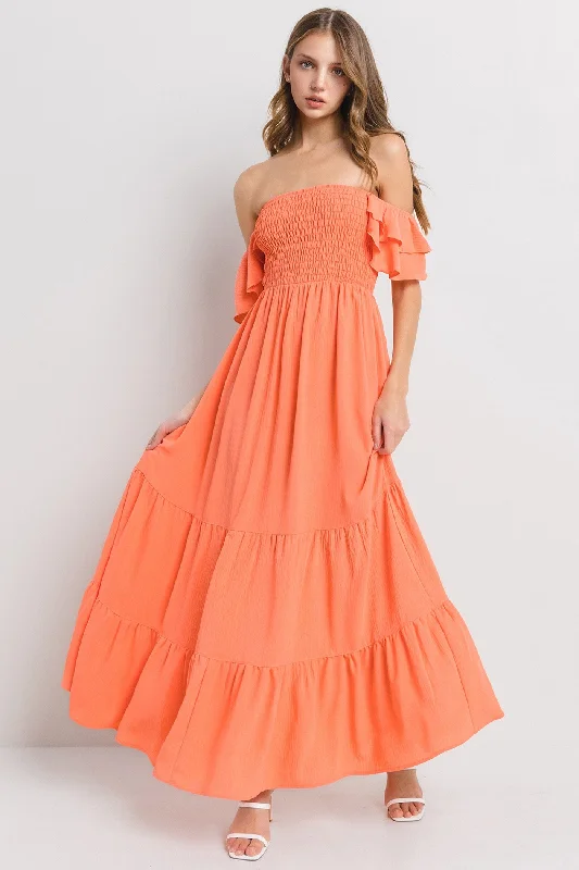 Orange Smocked Ruffle Off Shoulder Tiered Maxi DressBoho Dress