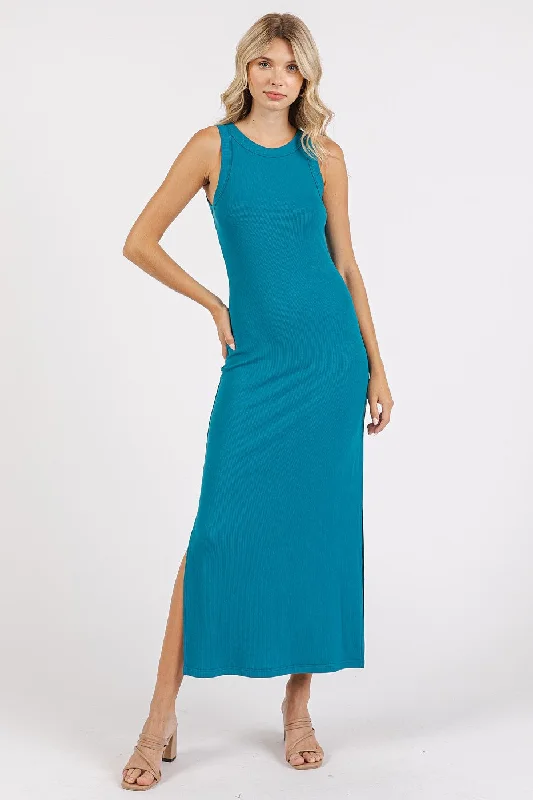 Mesh vestTeal Ribbed Side Slit Tank Dress