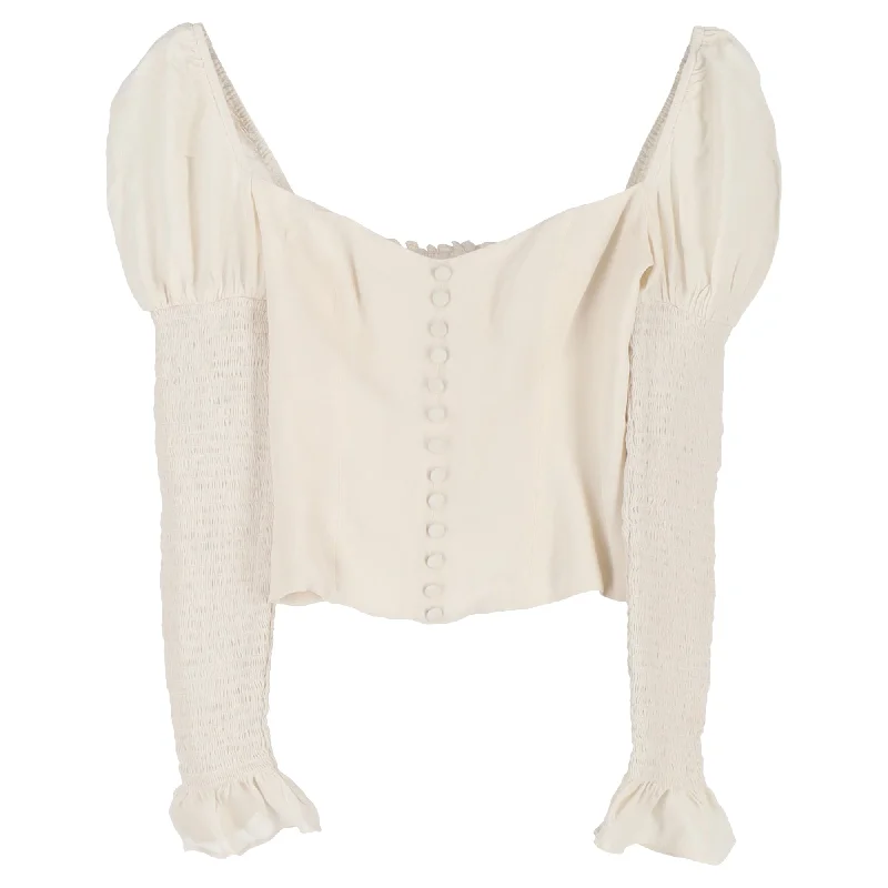 Reformation Shirred Long Sleeve Crop Top in Ivory Viscose