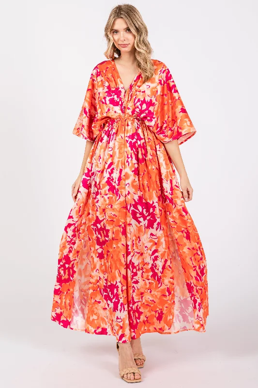 Orange Floral Satin V-Neck Maxi DressRain Dress