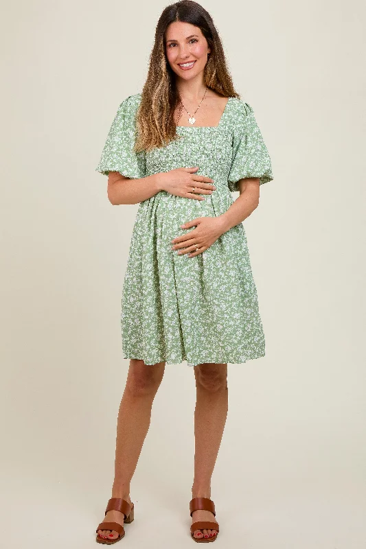 Light Olive Floral Smocked Tie Back Maternity DressRunning Dress