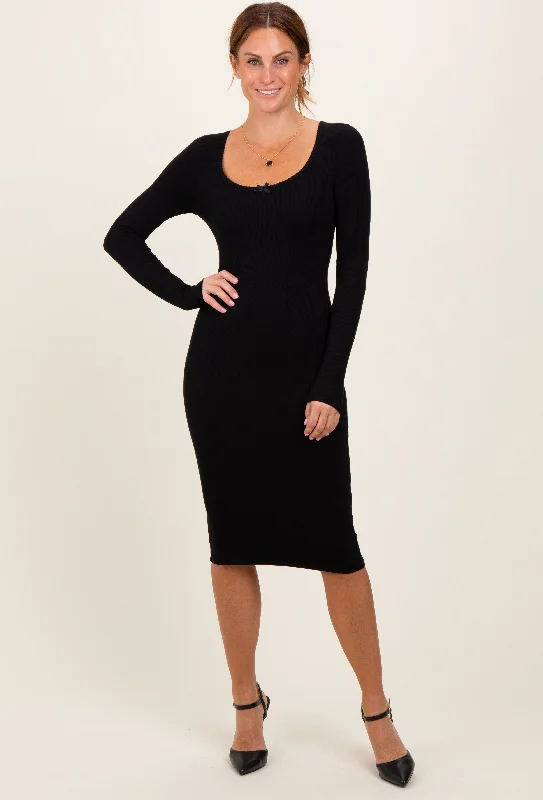 Black Bow Trim Neckline Long Sleeve Midi Dress