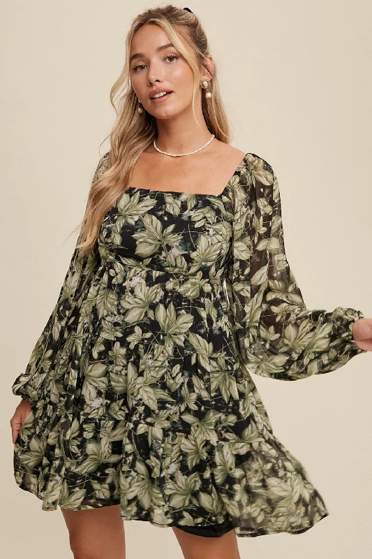 Light Green Leaf Print Square Neck Tiered Mini DressPeplum Dress