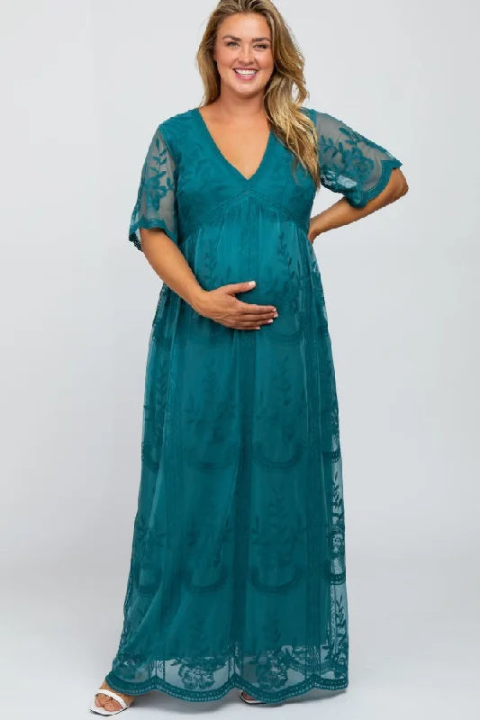 Teal Lace Mesh Overlay Maternity Plus Maxi DressPrinted Dress