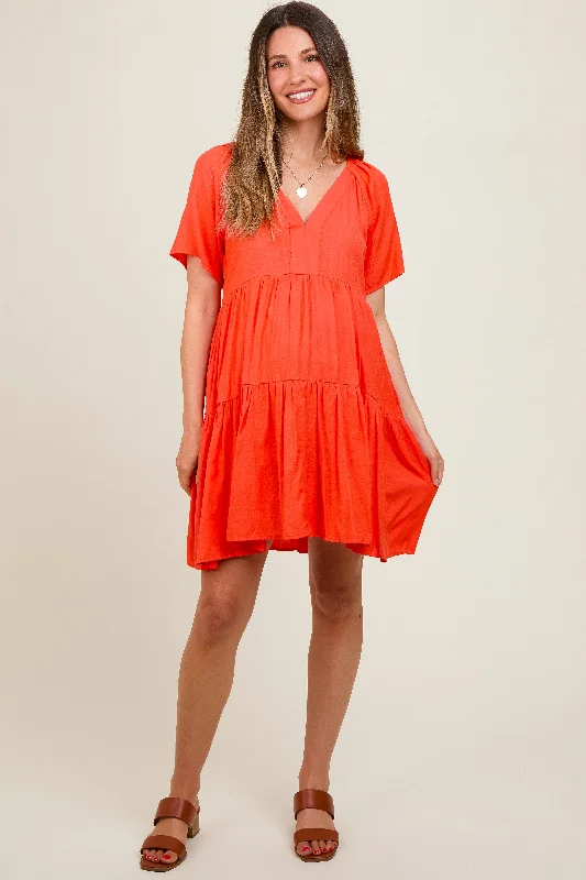 Orange V-Neck Tiered Short Sleeve Maternity DressFit-and-Flare Dress